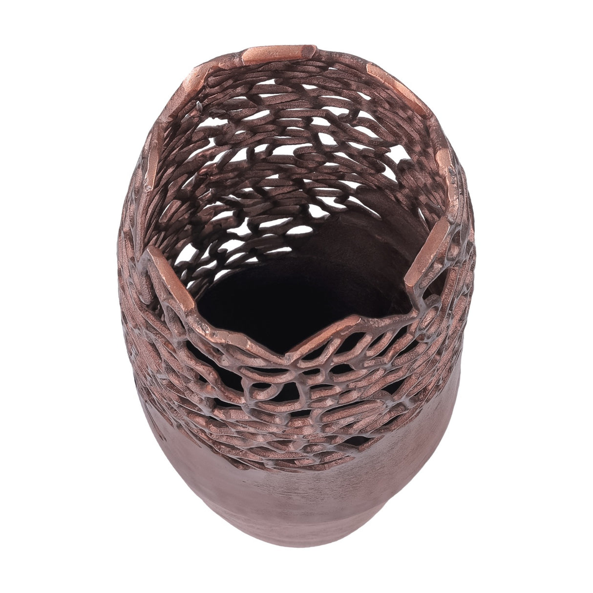Top-down view of the Libra Interiors Coral Cut-Out Aluminium Floor Vase in bronze, showing the openwork pierced rim and hollow interior.