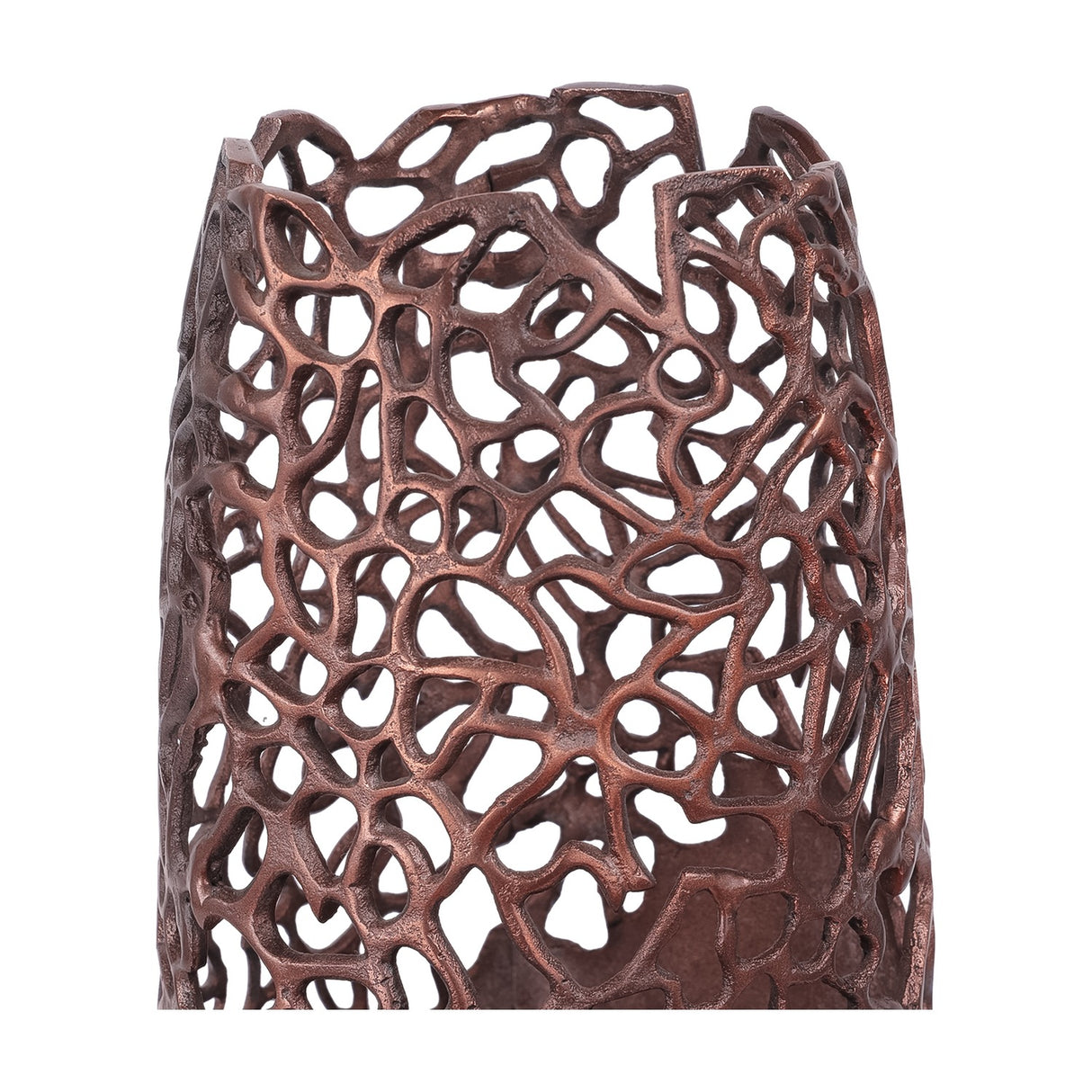 Close-up of the Libra Interiors Coral Cut-Out Aluminium Floor Vase in bronze, showing the intricate openwork coral-like pierced pattern on the upper section.