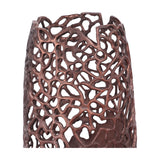 Close-up of the Libra Interiors Coral Cut-Out Aluminium Floor Vase in bronze, showing the intricate openwork coral-like pierced pattern on the upper section.