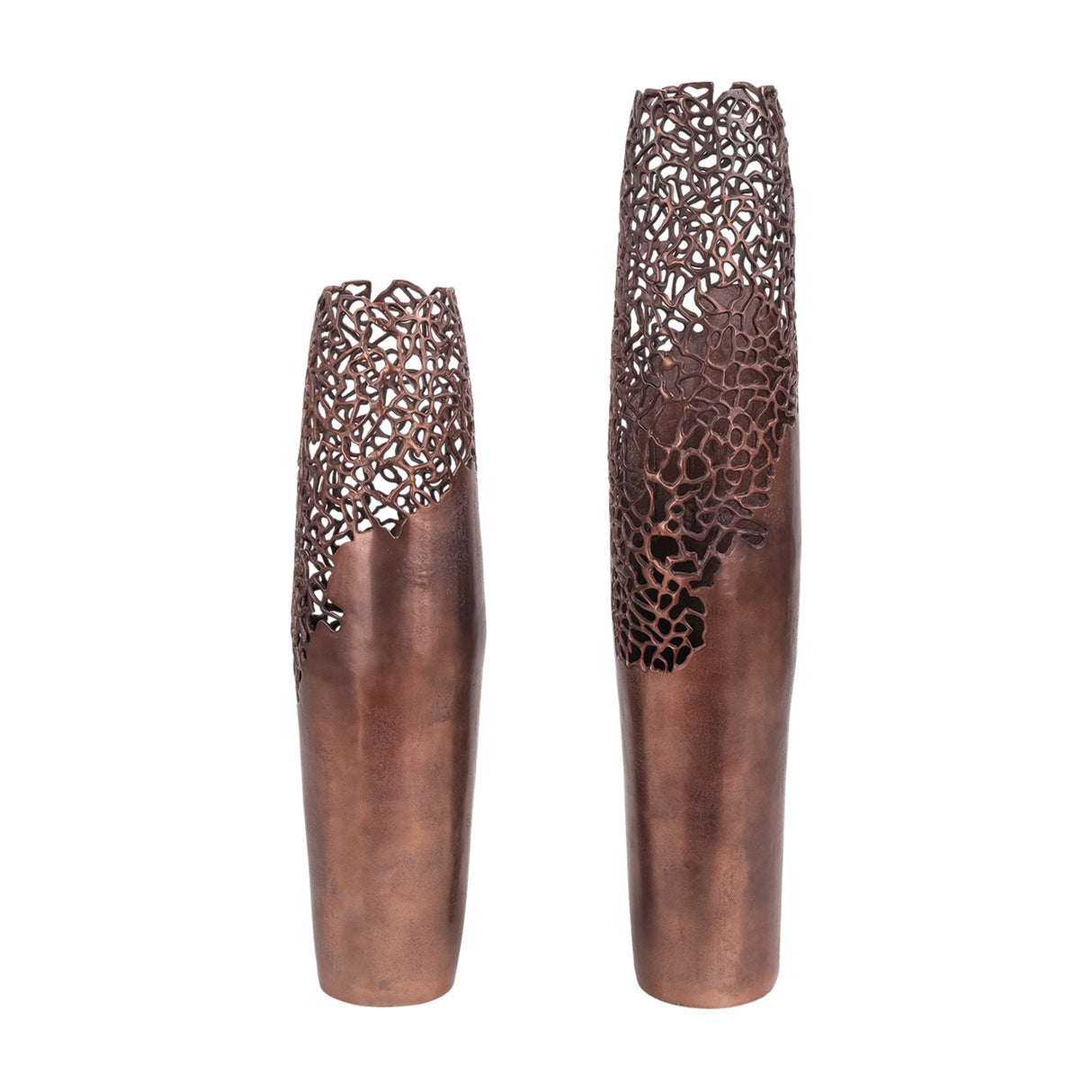 Libra Interiors Coral Cut-Out aluminium floor vases in bronze, shown as a pair with smooth lower bodies and pierced coral-like openwork upper sections.