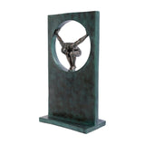Libra Interiors Verdigris Bronze Framed Diver Sculpture in green, featuring a bronze figure poised within a circular opening in a tall rectangular frame.