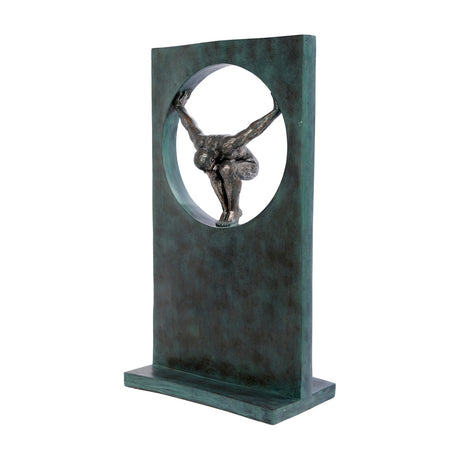 Libra Interiors Verdigris Bronze Framed Diver Sculpture in green, featuring a bronze figure poised within a circular opening in a tall rectangular frame.