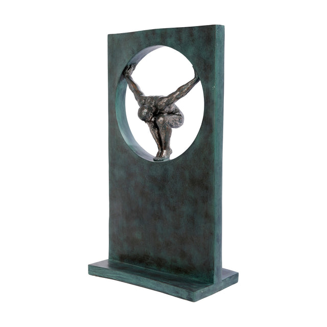 Libra Interiors Verdigris Bronze Framed Diver Sculpture in green, featuring a bronze figure poised within a circular opening in a tall rectangular frame.