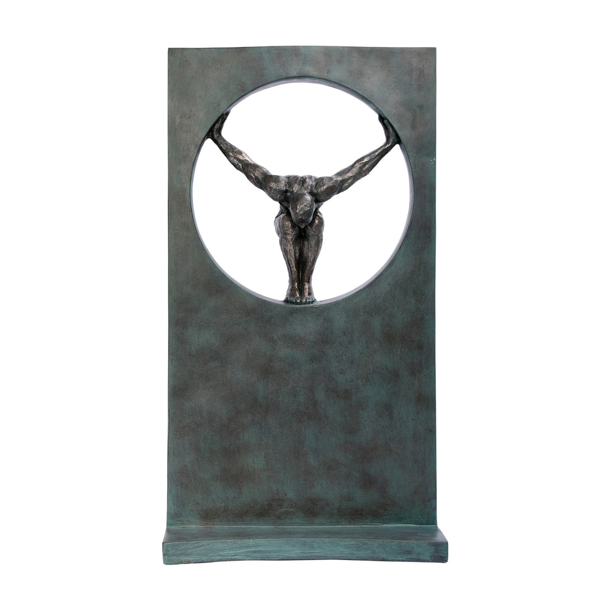 Libra Interiors Verdigris Bronze Framed Diver Sculpture in green, resin figure poised within a circular cut-out of a tall rectangular frame on a weighted base.