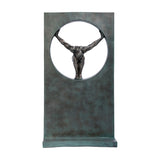 Libra Interiors Verdigris Bronze Framed Diver Sculpture in green, resin figure poised within a circular cut-out of a tall rectangular frame on a weighted base.