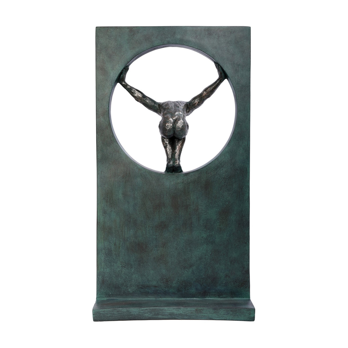 Libra Interiors Verdigris Bronze Framed Diver Sculpture in green, showing the textured bronze figure suspended arms-outstretched through the circular cut-out.