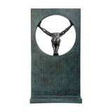 Libra Interiors Verdigris Bronze Framed Diver Sculpture in green, showing the textured bronze figure suspended arms-outstretched through the circular cut-out.