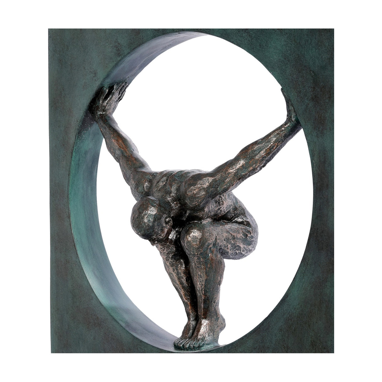 Libra Interiors Verdigris Bronze Framed Diver Sculpture in green, showing the crouched figure poised within the circular opening of the rectangular frame.