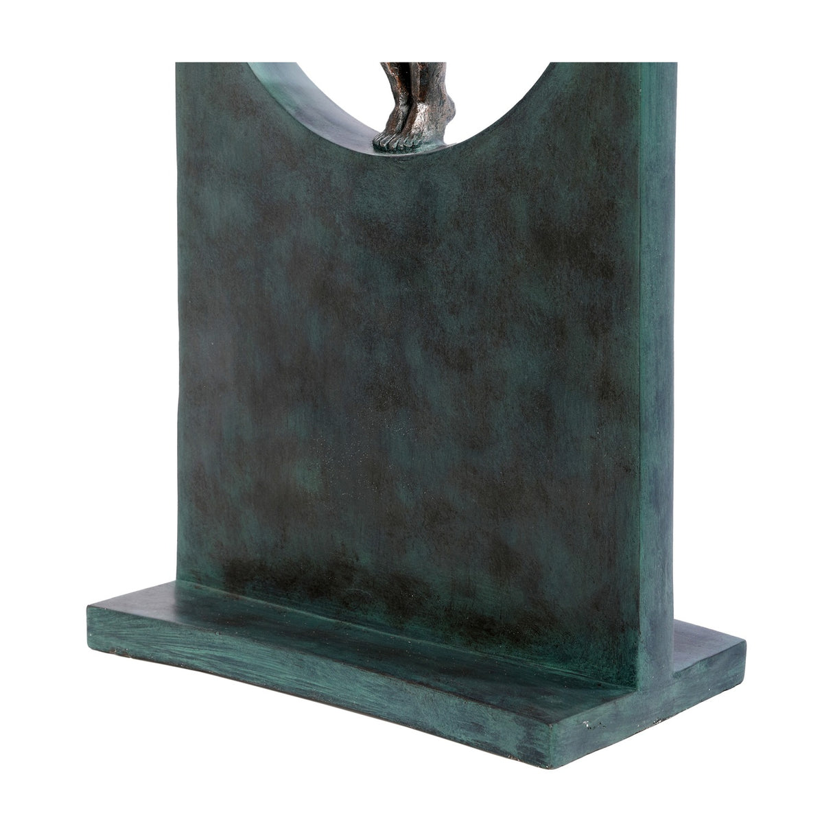 Close-up of the Libra Interiors Verdigris Bronze Framed Diver Sculpture base, showing the green patina rectangular frame and antique bronze feet above.
