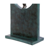Close-up of the Libra Interiors Verdigris Bronze Framed Diver Sculpture base, showing the green patina rectangular frame and antique bronze feet above.