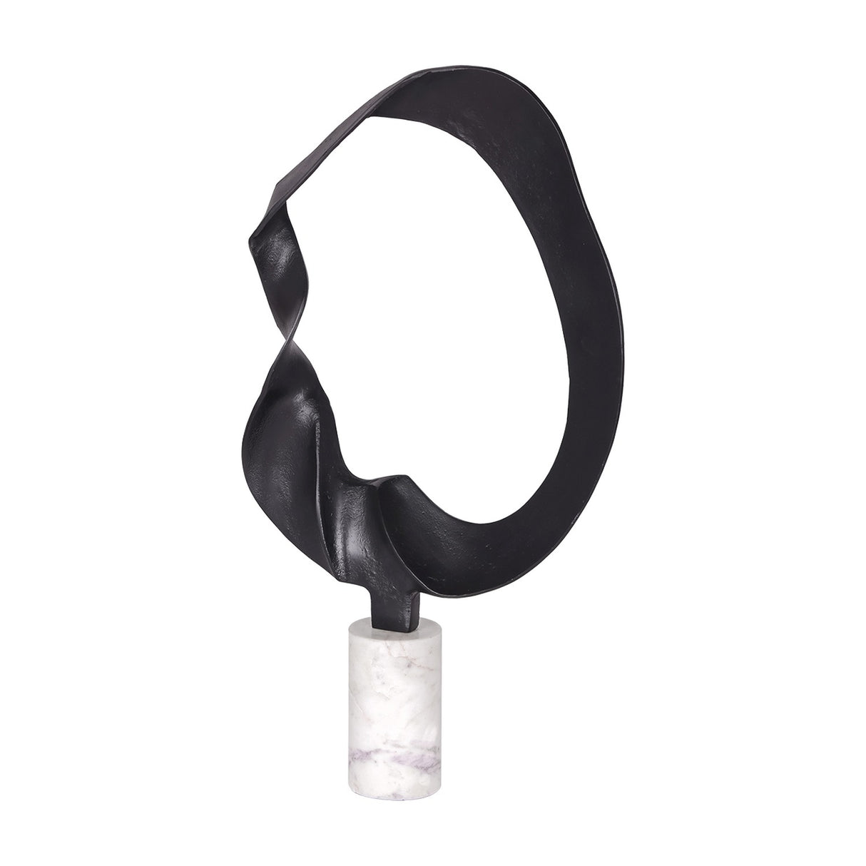 Libra Interiors Looping Abstract sculpture with matt black cast aluminium open-ring form on a cylindrical white marble base, on a plain background.