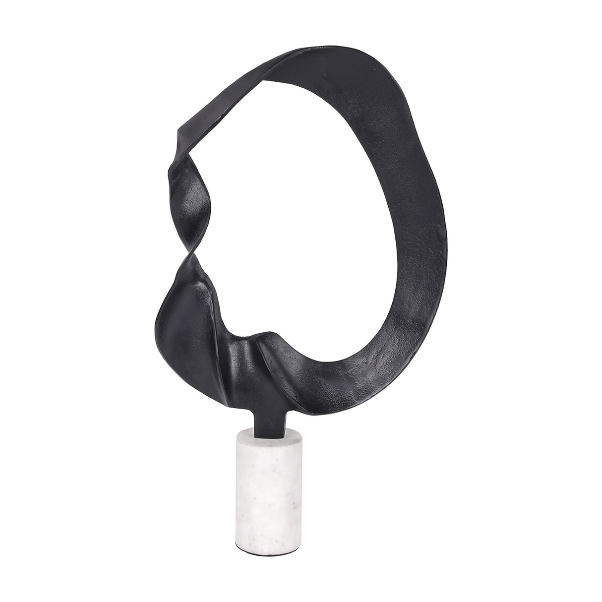 Libra Interiors Looping Abstract sculpture with a matt black cast aluminium open-ring form on a cylindrical white marble base, on a plain background.
