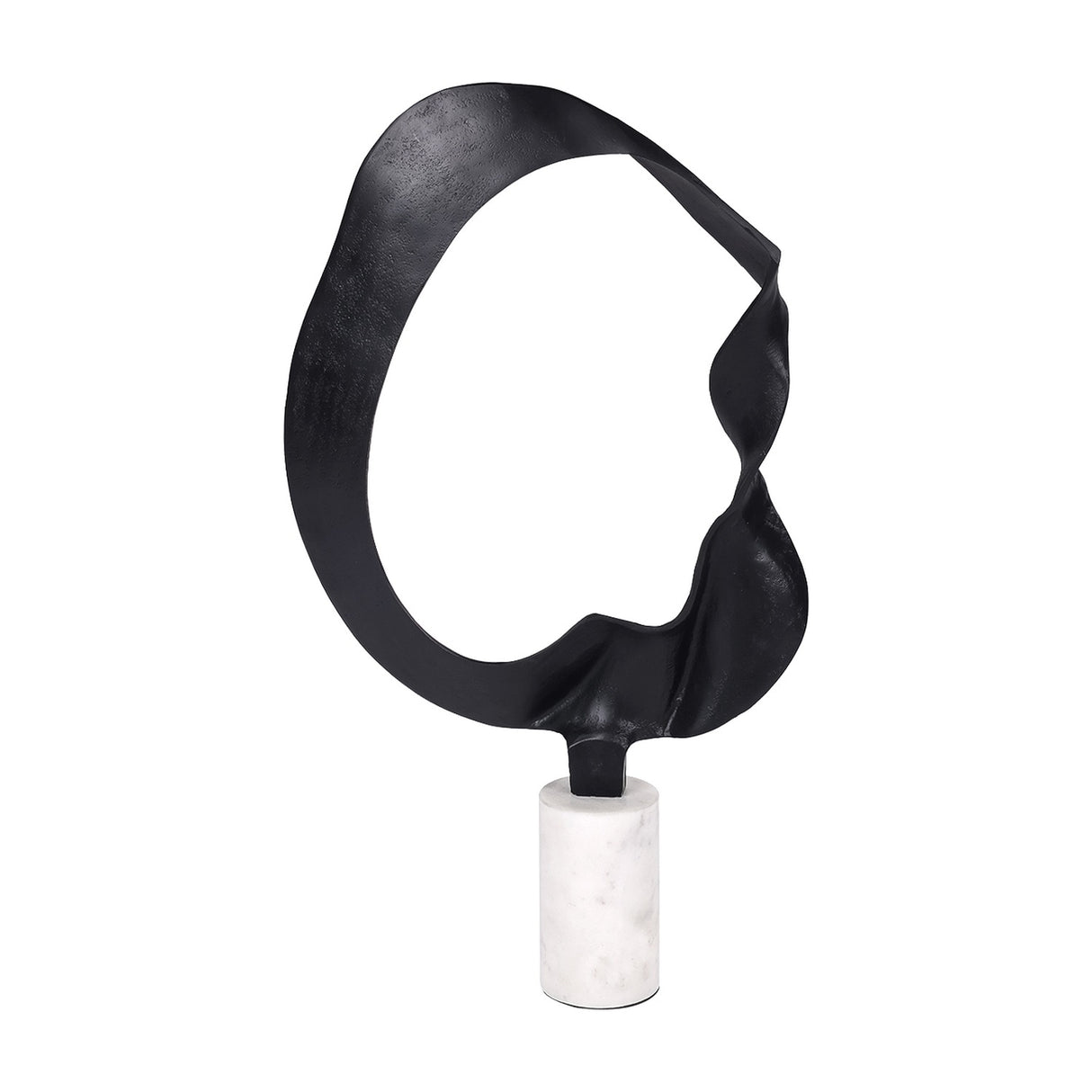 Libra Interiors Looping Abstract sculpture in matt black cast aluminium with an open-ring form on a cylindrical white marble base.