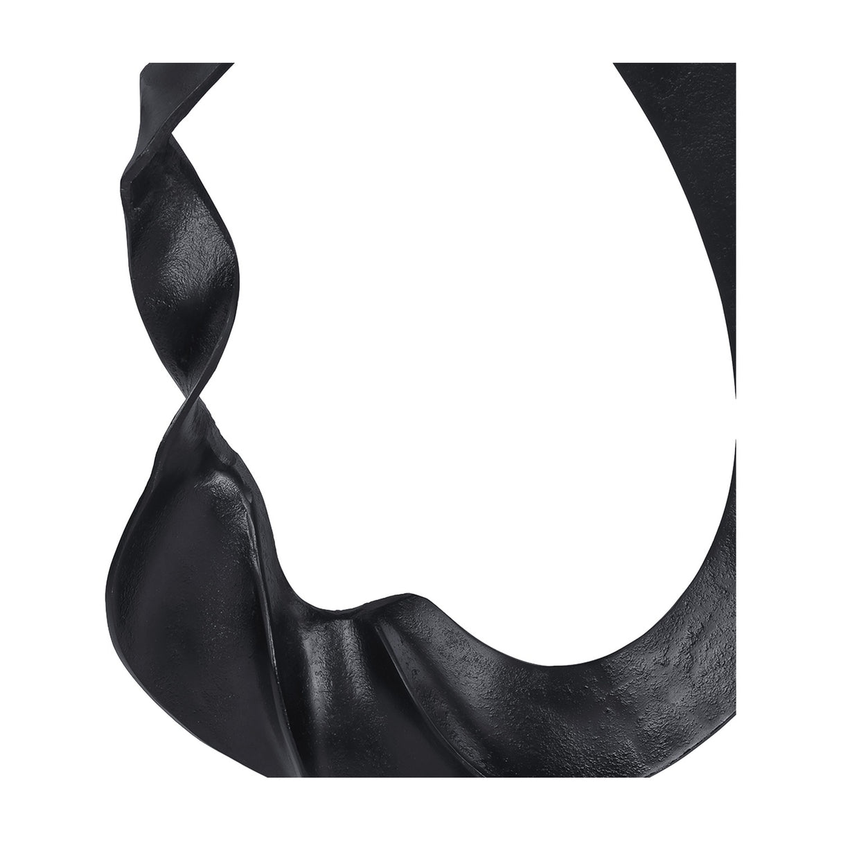 Close-up of the Libra Interiors Looping Abstract sculpture showing the matt black cast aluminium loop with gently textured, twisting curves.