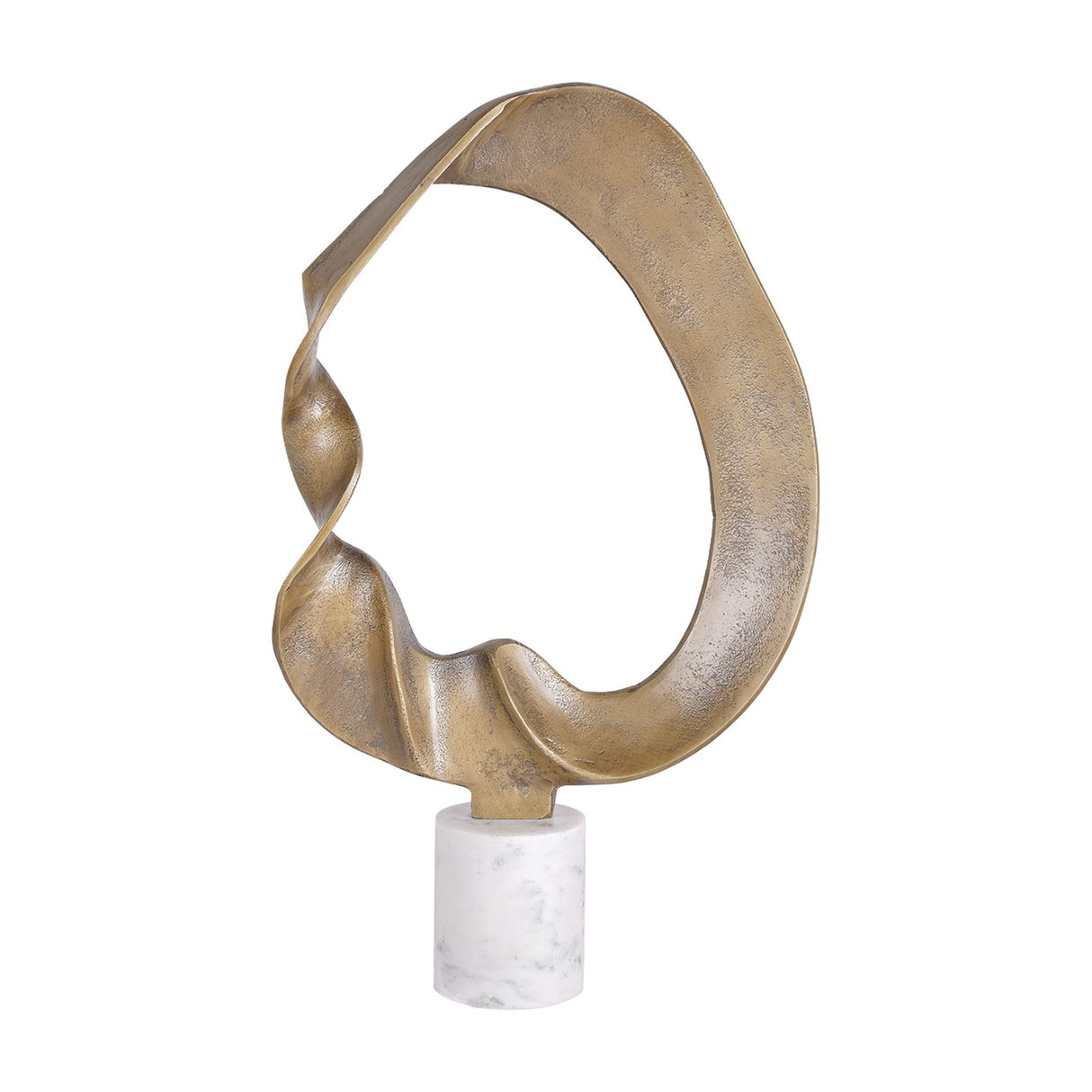 Libra Interiors Abstract Aluminium Ring Sculpture in antique gold with a twisted looping form on a cylindrical white marble base, shown on a white background.