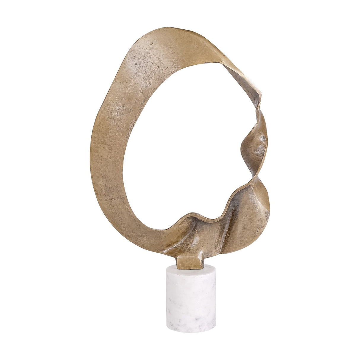 Libra Interiors Abstract Aluminium Ring Sculpture in antique gold with a twisted looping form on a white marble cylindrical base, shown on a plain background.