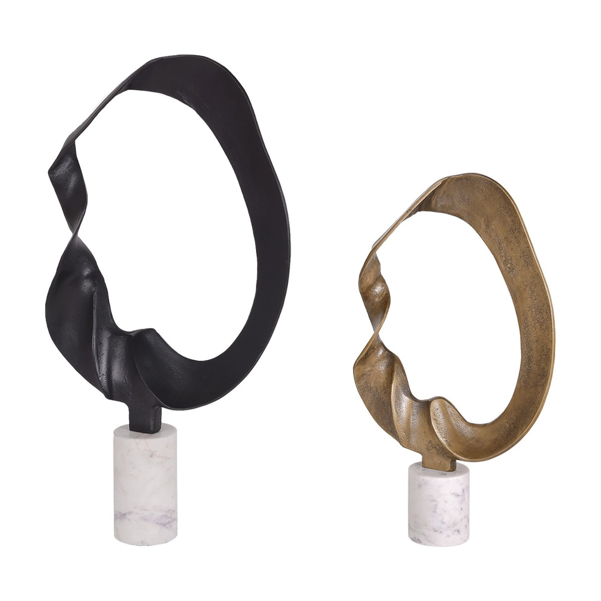 Libra Interiors Abstract Aluminium Ring Sculpture in gold shown beside a larger black version, both looping forms on cylindrical white marble bases.