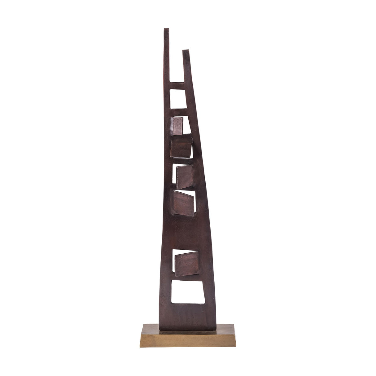 Libra Interiors tall aluminium sculpture in blackened bronze with tapered asymmetric uprights, geometric cut-outs and angular blocks on a brass-toned base.