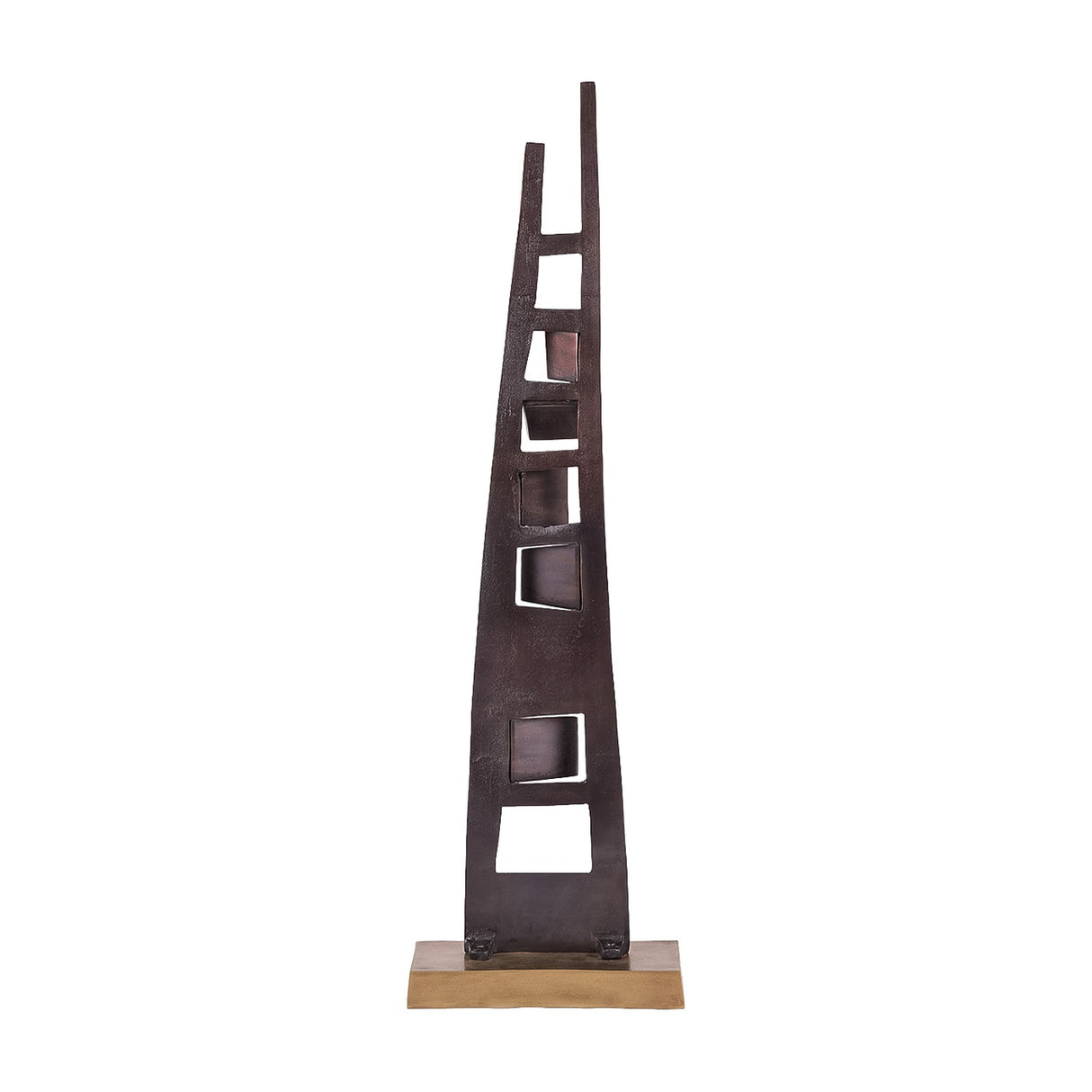 Libra Interiors tall geometric cut-out aluminium sculpture in blackened bronze with tapered asymmetric uprights and brass-toned base, on a white background.