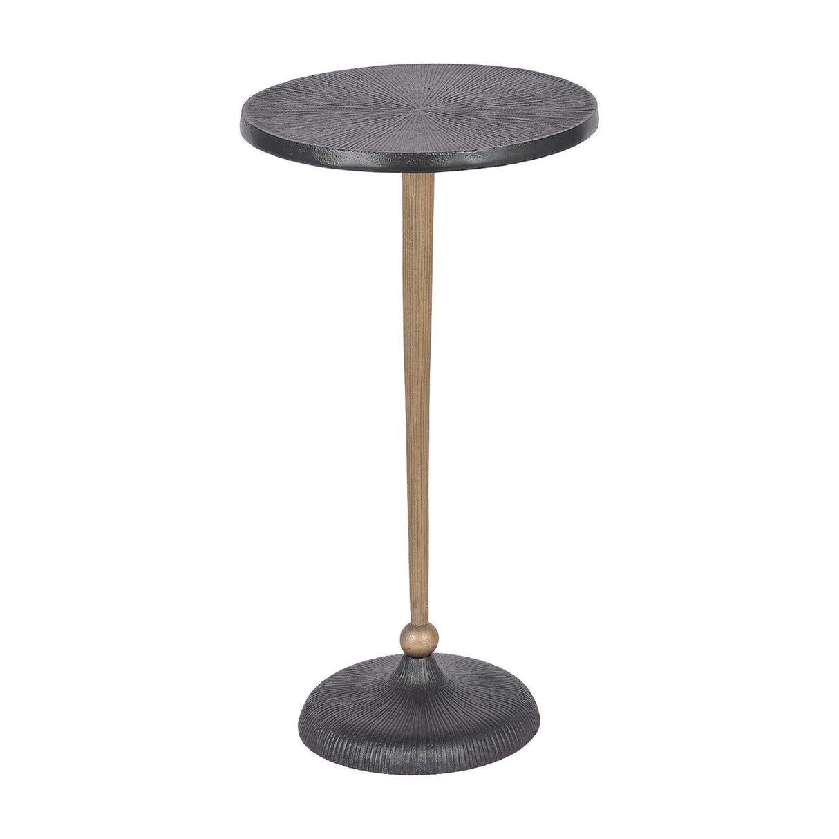 Libra Interiors Grooved Sunburst round side table with blackish bronze top and domed base, slim matt gold stem, on a plain white background.