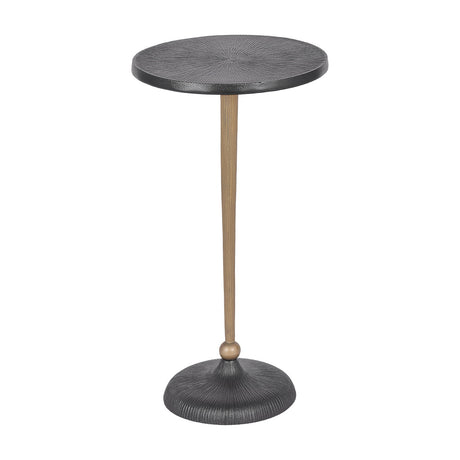 Libra Interiors Grooved Sunburst round side table with blackish bronze top and domed base, slim matt gold stem, on a plain white background.