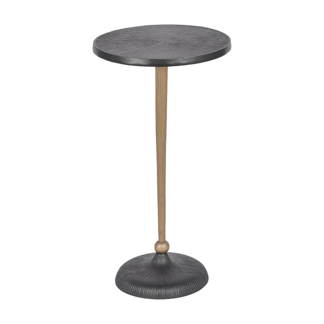 Libra Interiors Grooved Sunburst round side table with blackish bronze top and domed base, slim matt gold stem, on a plain white background.