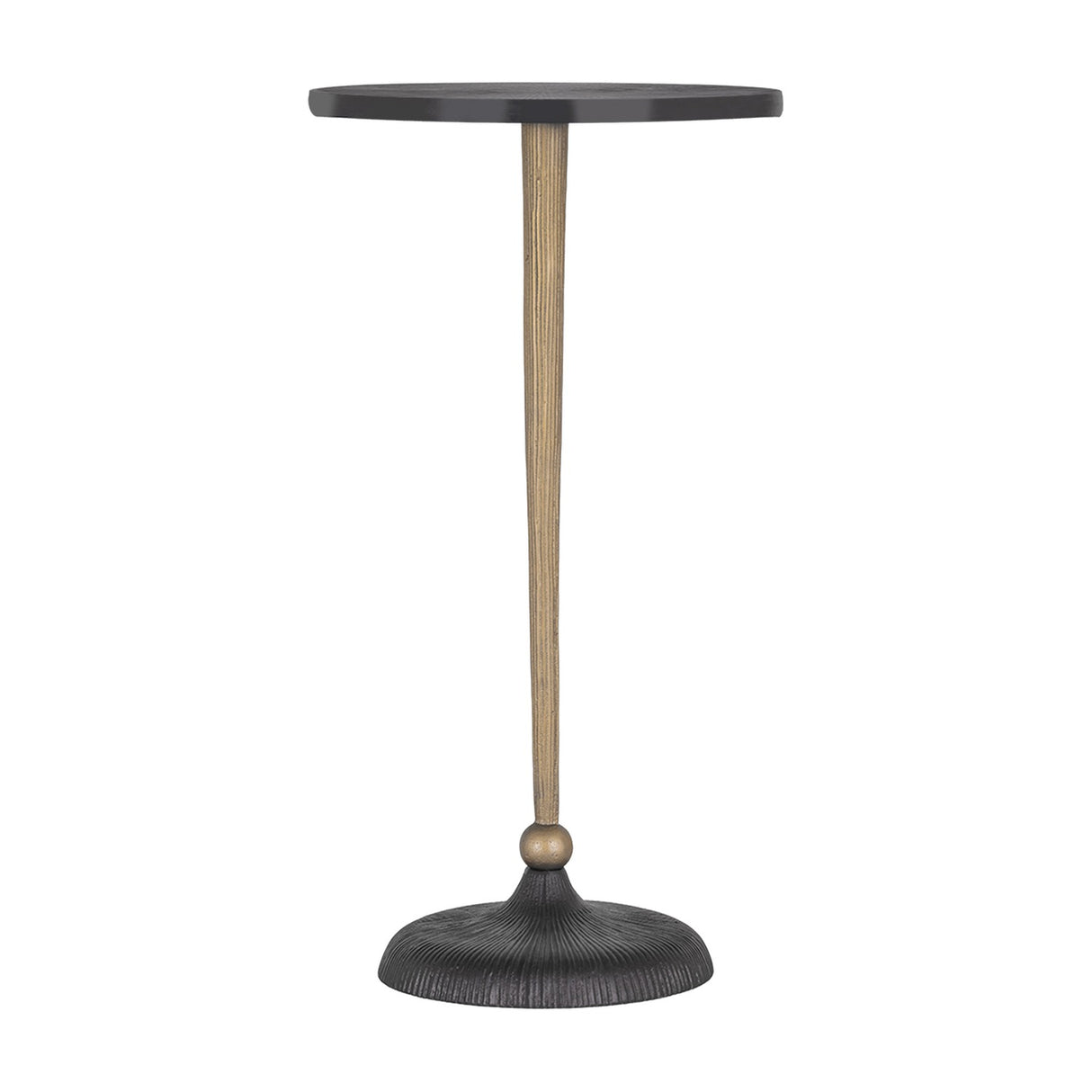 Libra Interiors Grooved Sunburst round side table with blackish bronze top, matt gold stem and domed textured base, on a plain white background.