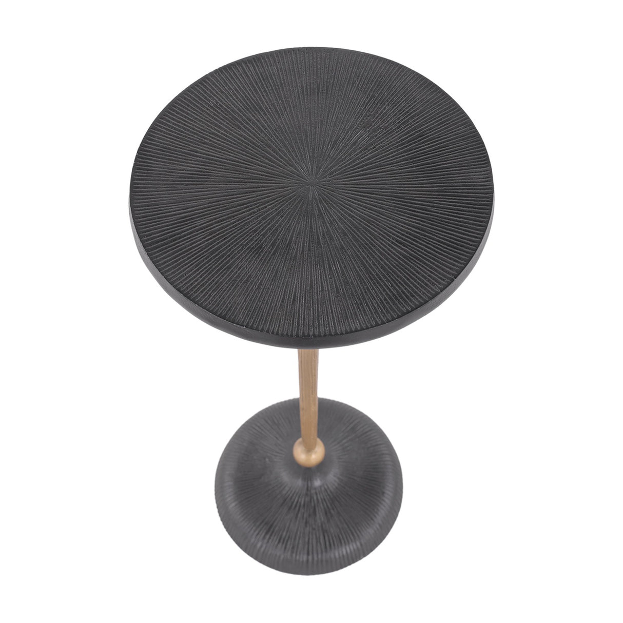 Libra Interiors Grooved Sunburst round side table in blackish bronze aluminium with radial etched top, matt gold stem and domed base, on a white background.