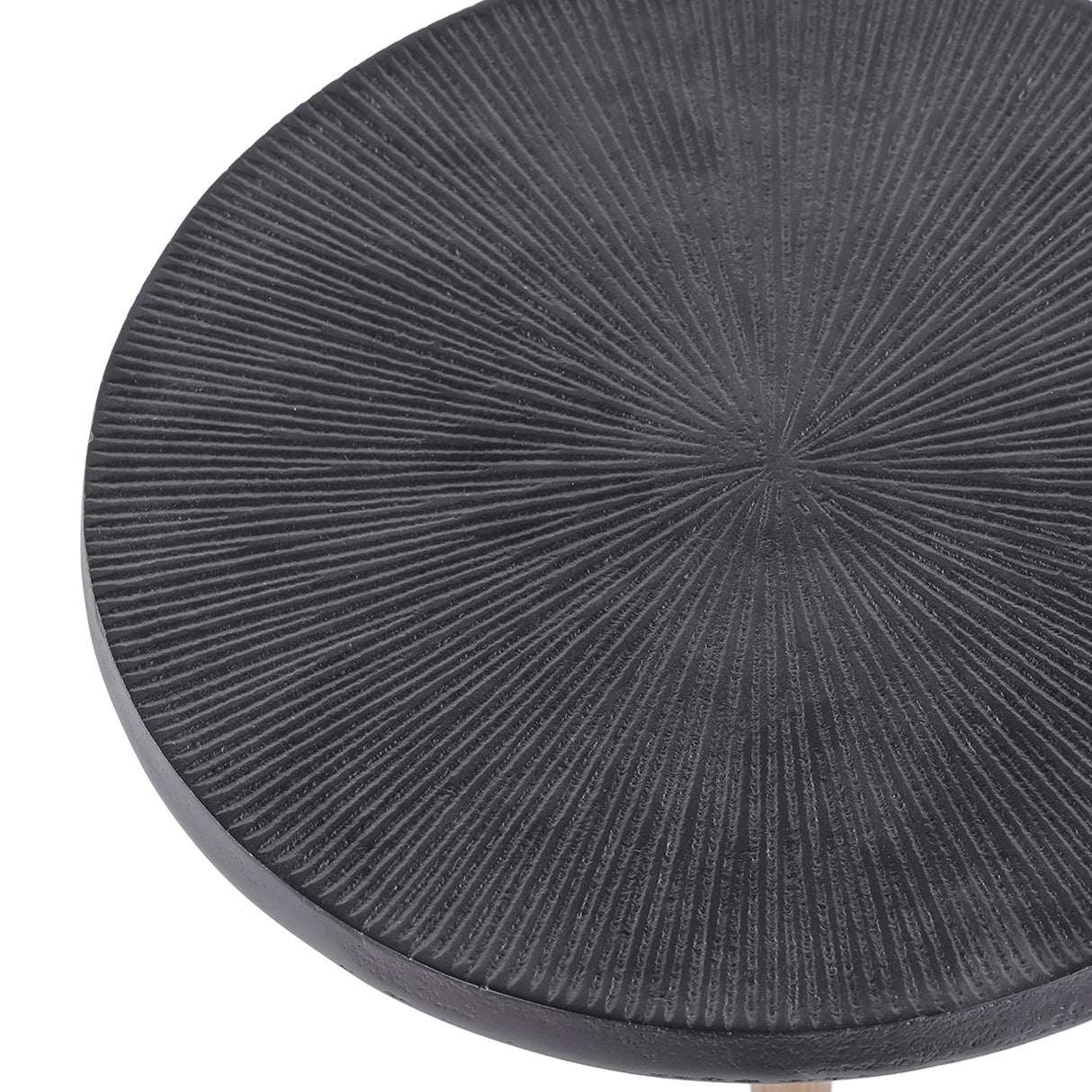 Close-up of the Libra Interiors Grooved Sunburst round side table top in blackish bronze aluminium, showing the radial etched sunburst pattern.