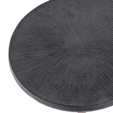 Close-up of the Libra Interiors Grooved Sunburst round side table top in blackish bronze aluminium, showing the radial etched sunburst pattern.