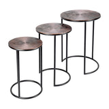 Libra Interiors Radial Etched Round Nesting Side Tables in bronze, set of three with etched aluminium tops and matt black ring frames on a white background.