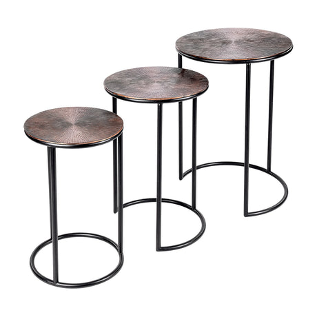 Libra Interiors Radial Etched Round Nesting Side Tables in bronze, set of three with etched aluminium tops and matt black ring frames on a white background.
