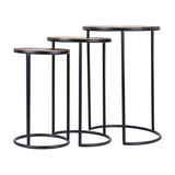 Libra Interiors Radial Etched Round Nesting Side Tables in bronze, set of three with cast aluminium tops and matt black ring-base frames on white.
