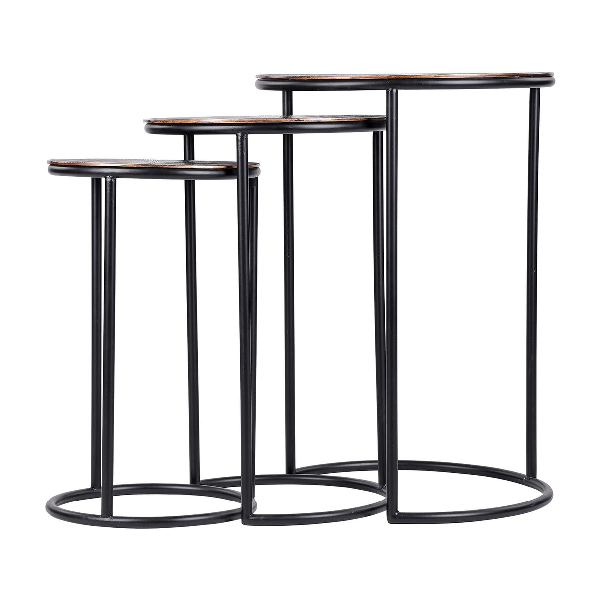 Libra Interiors Radial Etched Round Nesting Side Tables in bronze, a trio of cast aluminium tops on slim matt black tubular frames with ring bases.