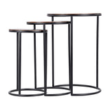 Libra Interiors Radial Etched Round Nesting Side Tables in bronze, a trio of cast aluminium tops on slim matt black tubular frames with ring bases.