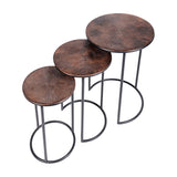 Libra Interiors Radial Etched Round Nesting Side Tables in bronze, set of three with etched aluminium tops and matt black ring frames on a white background.