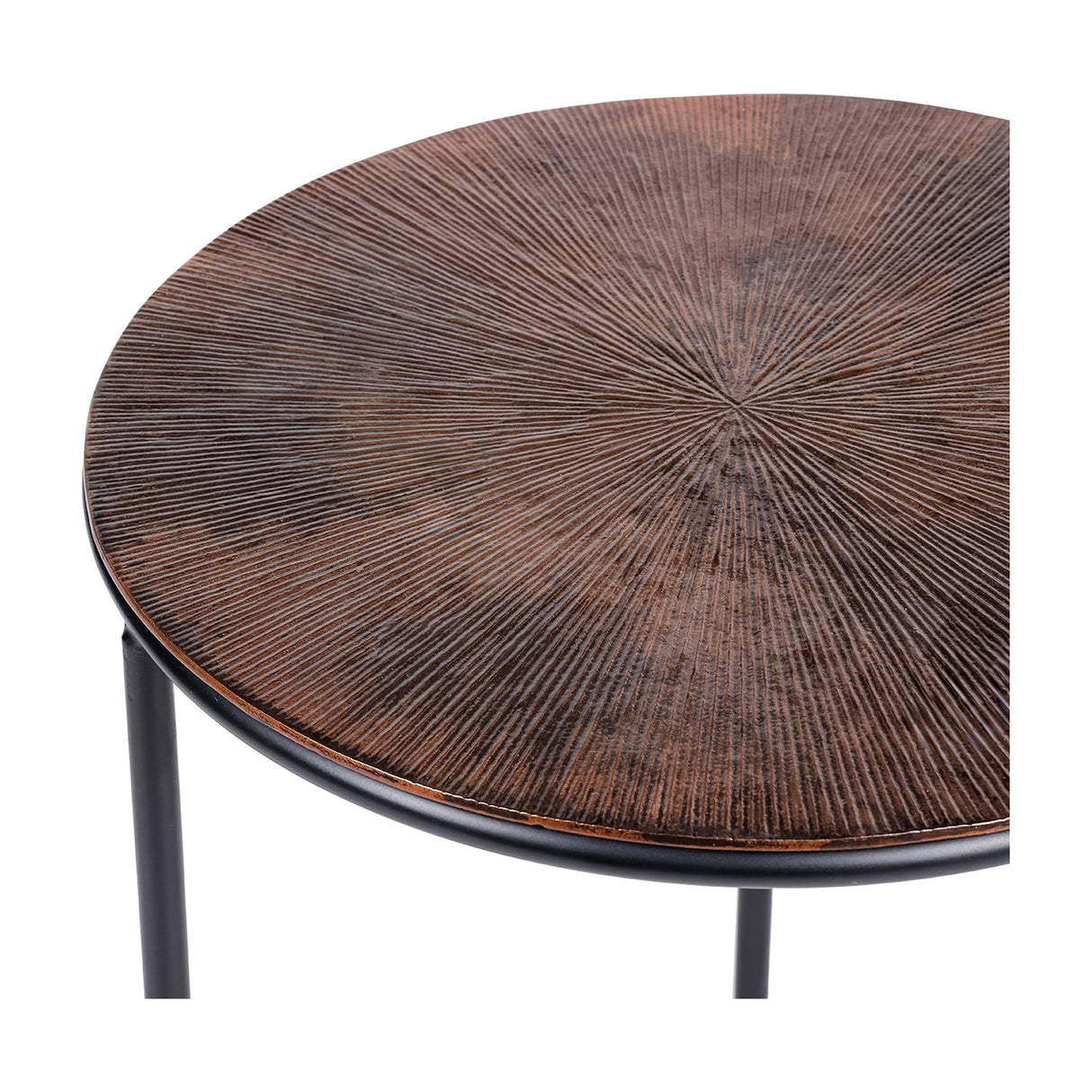 Close-up of the Libra Interiors Radial Etched Round Nesting Side Table in bronze, showing the cast aluminium top's radial etched pattern and matt black frame.