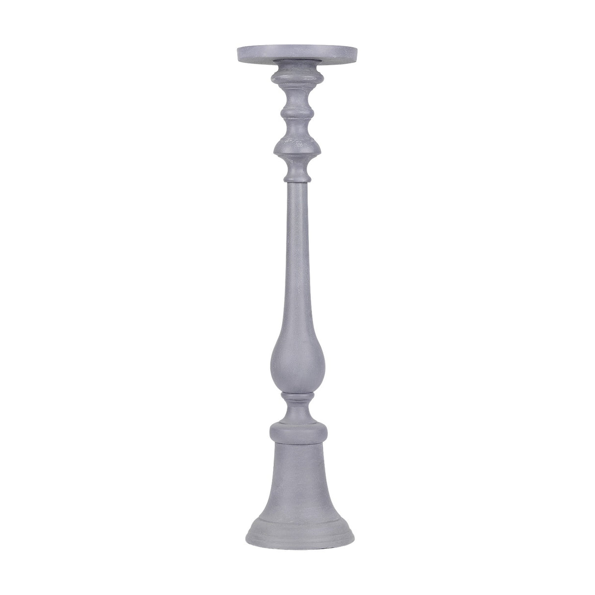 Libra Interiors Stonewashed Aluminium Pillar Candle Holder in grey, a tall turned candlestick with flared base and wide plate top on a plain background.