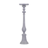 Libra Interiors Stonewashed Aluminium Pillar Candle Holder in grey, a tall turned candlestick with flared base and wide plate top on a plain background.
