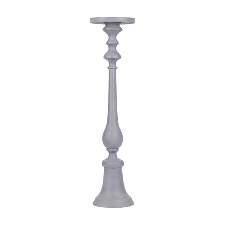 Libra Interiors Stonewashed Aluminium Pillar Candle Holder in grey, a tall turned candlestick with flared base and wide plate top on a plain background.