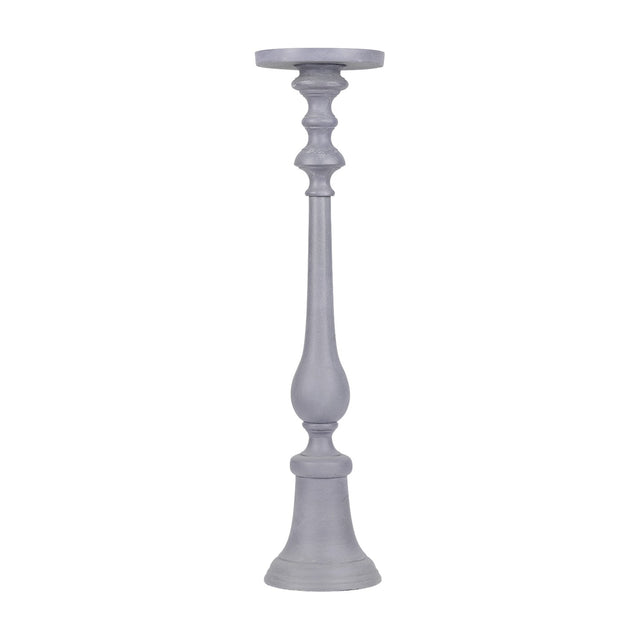 Libra Interiors Stonewashed Aluminium Pillar Candle Holder in grey, a tall turned candlestick with flared base and wide plate top on a plain background.