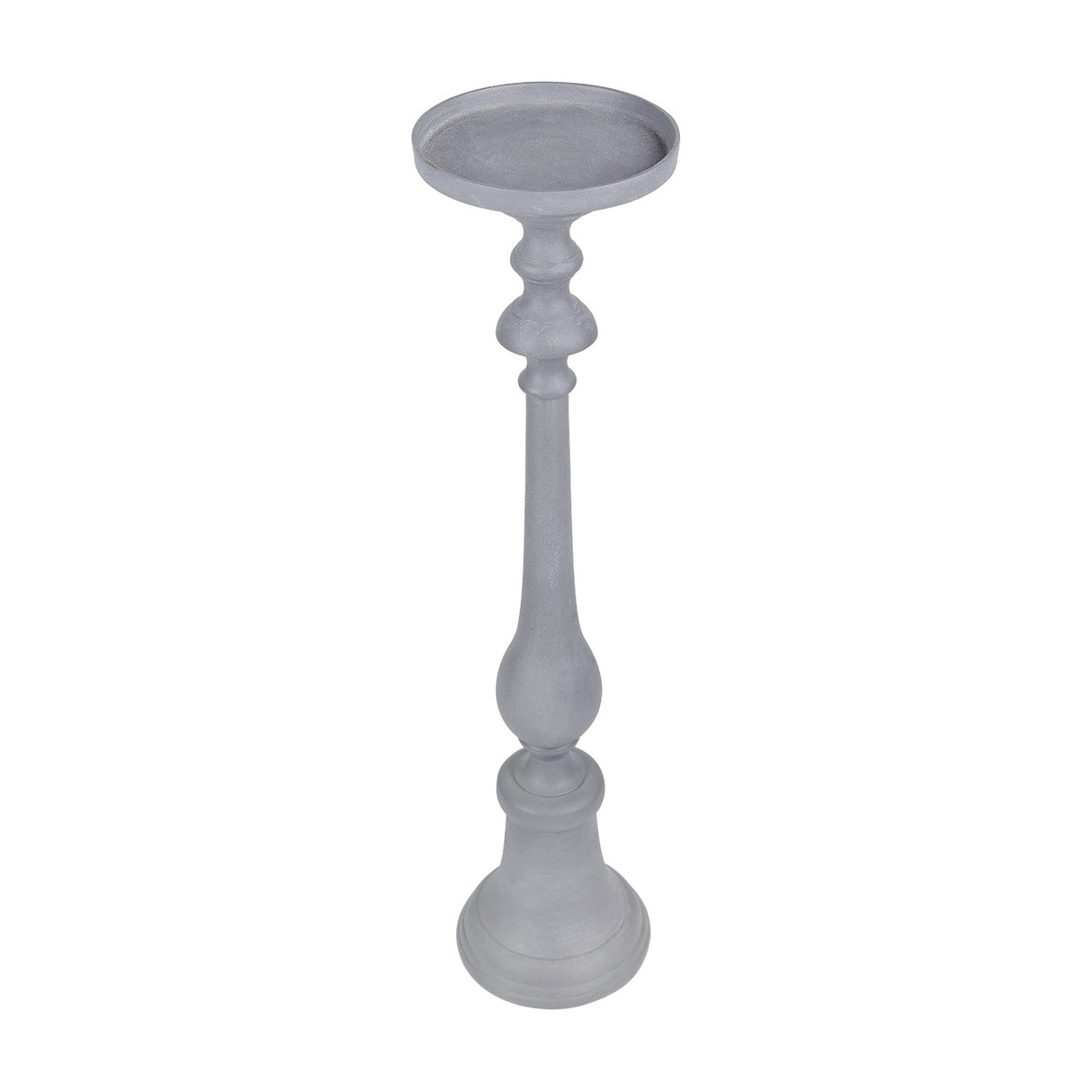 Libra Interiors Stonewashed Aluminium Pillar Candle Holder in grey, a tall turned candlestick with flared base, slender stem and wide plate top, on white.