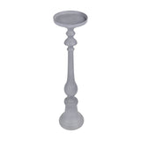 Libra Interiors Stonewashed Aluminium Pillar Candle Holder in grey, a tall turned candlestick with flared base, slender stem and wide plate top, on white.