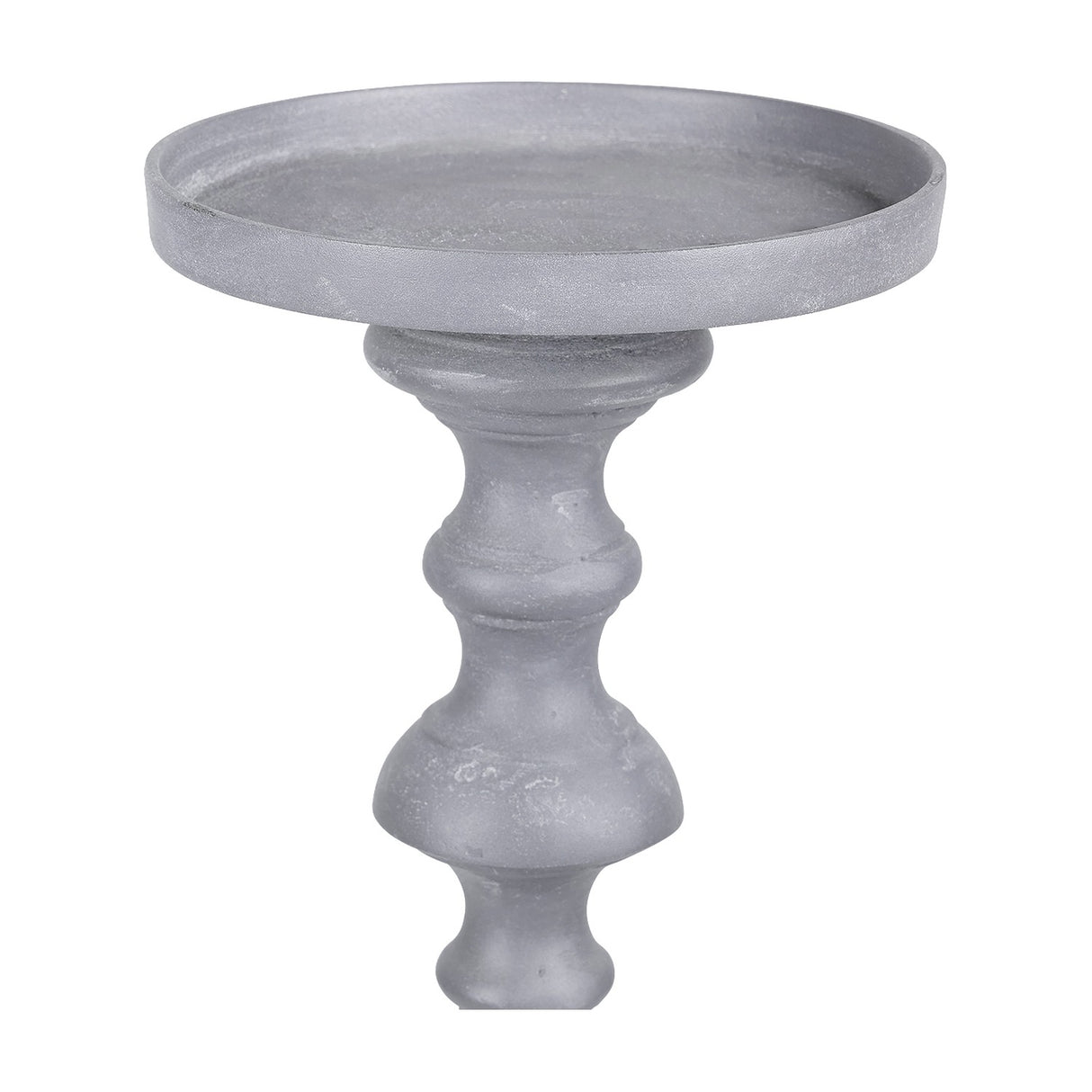 Libra Interiors Stonewashed Aluminium Pillar Candle Holder in grey, with a turned columnar stem and wide plate top, shown on a plain white background.