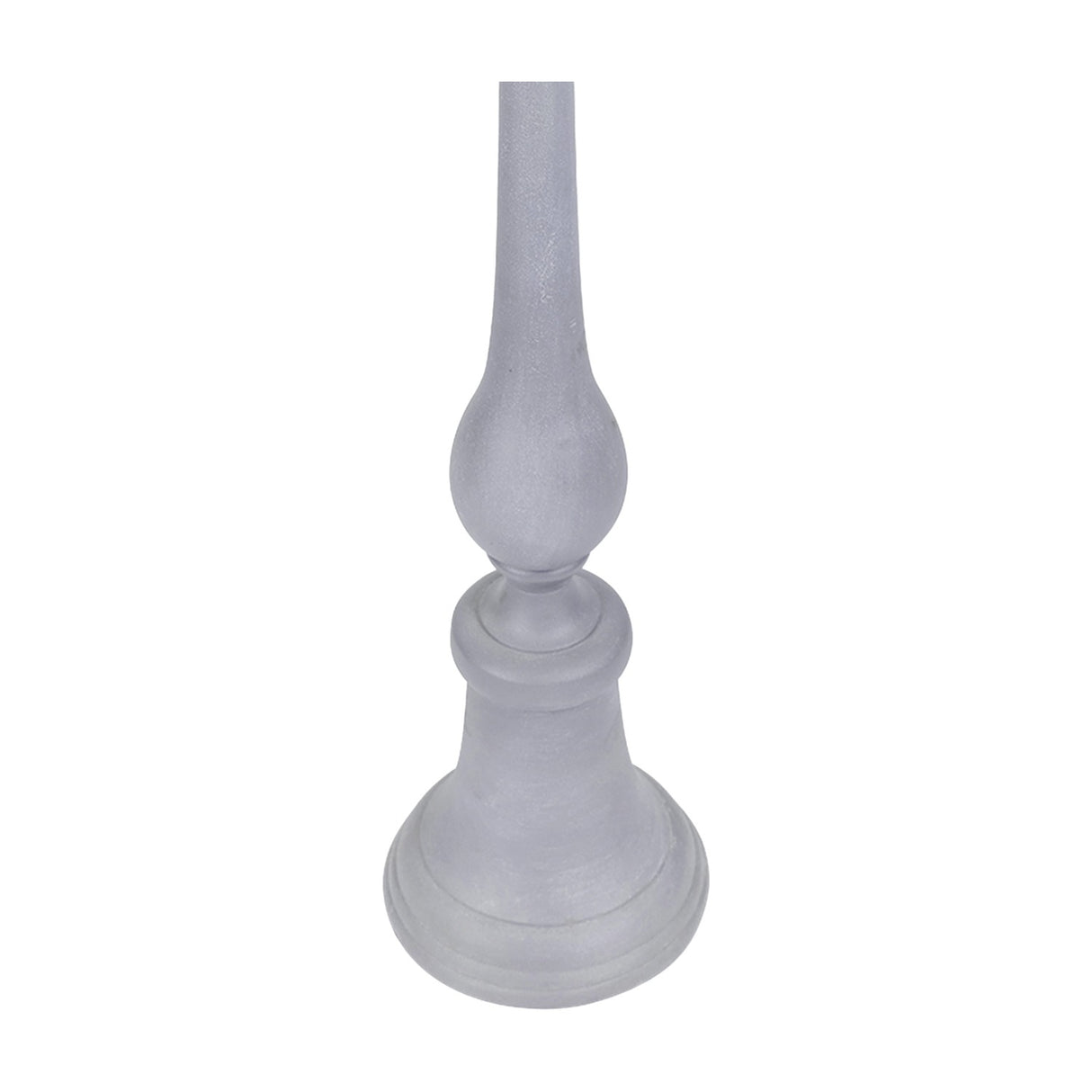 Libra Interiors stonewashed aluminium pillar candle holder in grey, showing the flared base, ringed stem and rounded bulb detail against a white background.