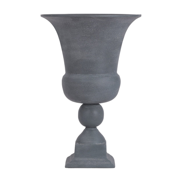 Libra Interiors Stonewash Grey Aluminium Urn Vase with flared lip, rounded body, spherical stem and stepped square base, on a plain background.