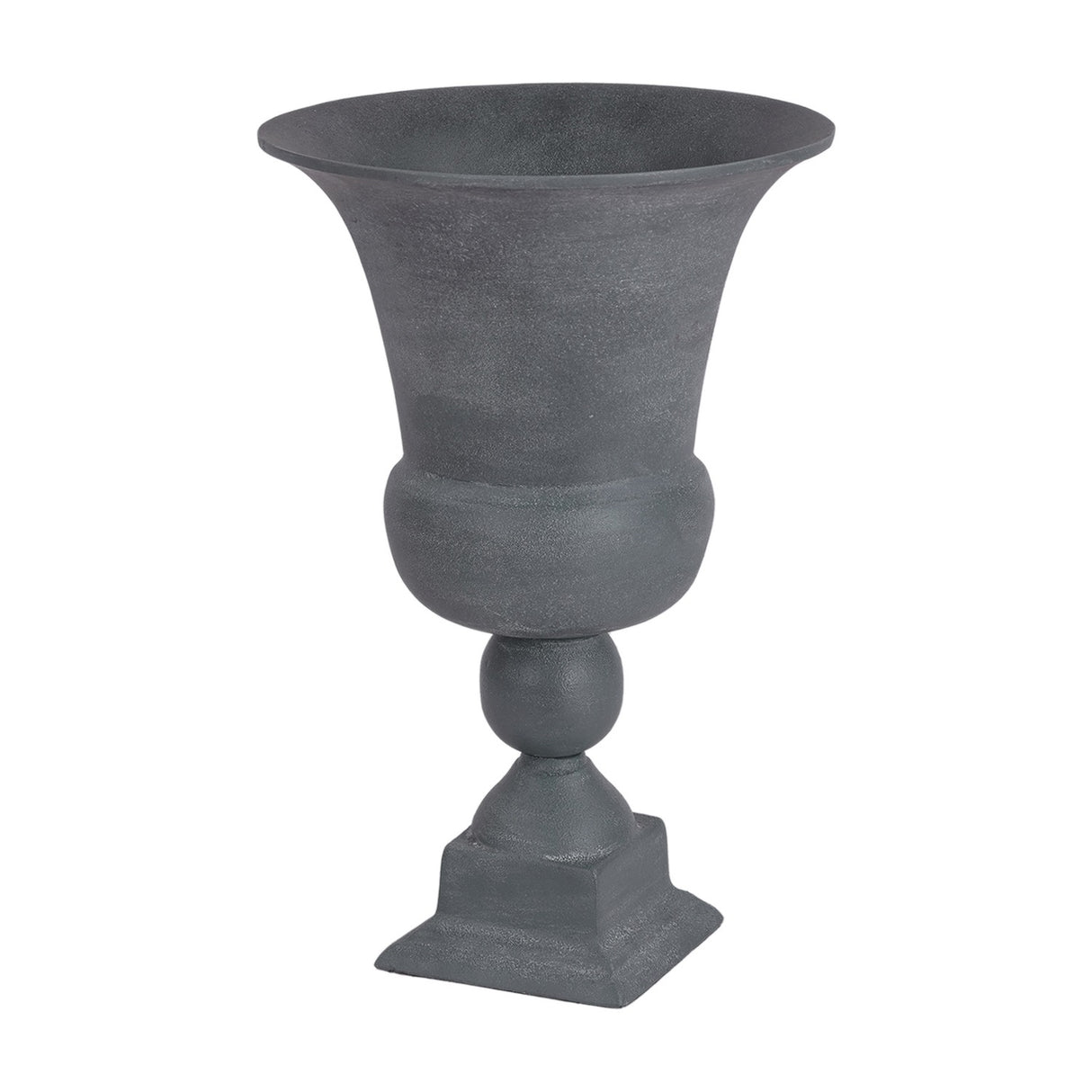 Libra Interiors Stonewash Grey Aluminium Urn Vase with flared lip, rounded body, spherical stem and stepped square plinth base on a plain background.