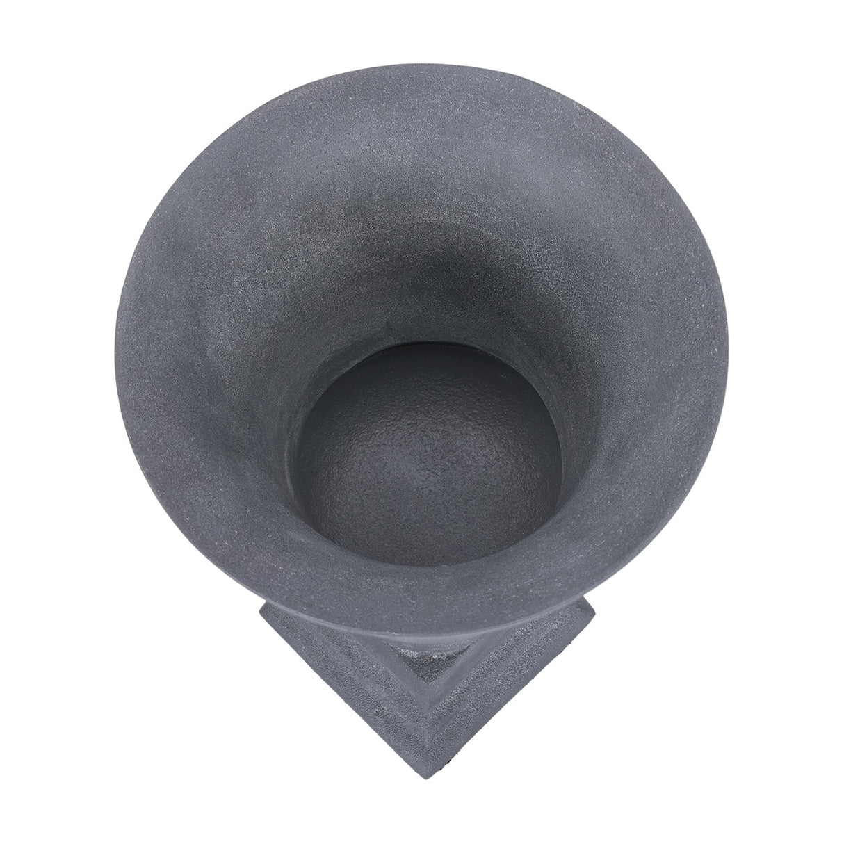 Top-down view of the Libra Interiors Stonewash Grey Aluminium Urn Vase showing the flared circular lip, hollow interior and square plinth base below.