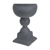 Libra Interiors Stonewash Grey Aluminium Urn Vase with flared bowl, spherical stem and stepped square plinth base in matt grey, on a white background.