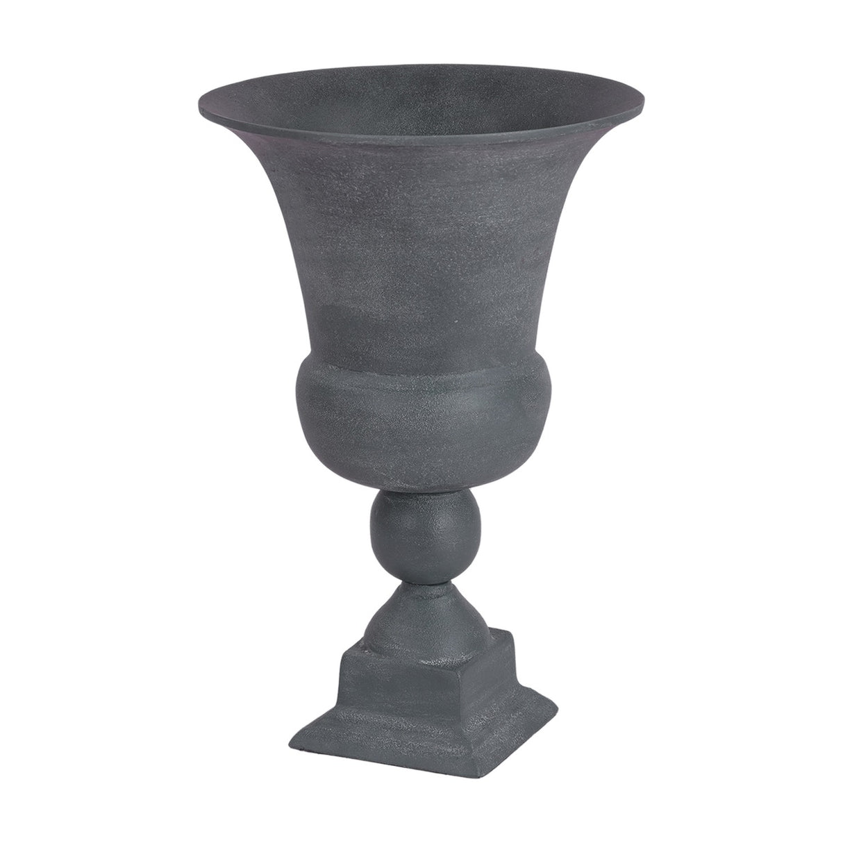 Libra Interiors Stonewash Aluminium Urn Vase in grey with flared bowl, rounded midsection, spherical joint and square plinth base on a white background.